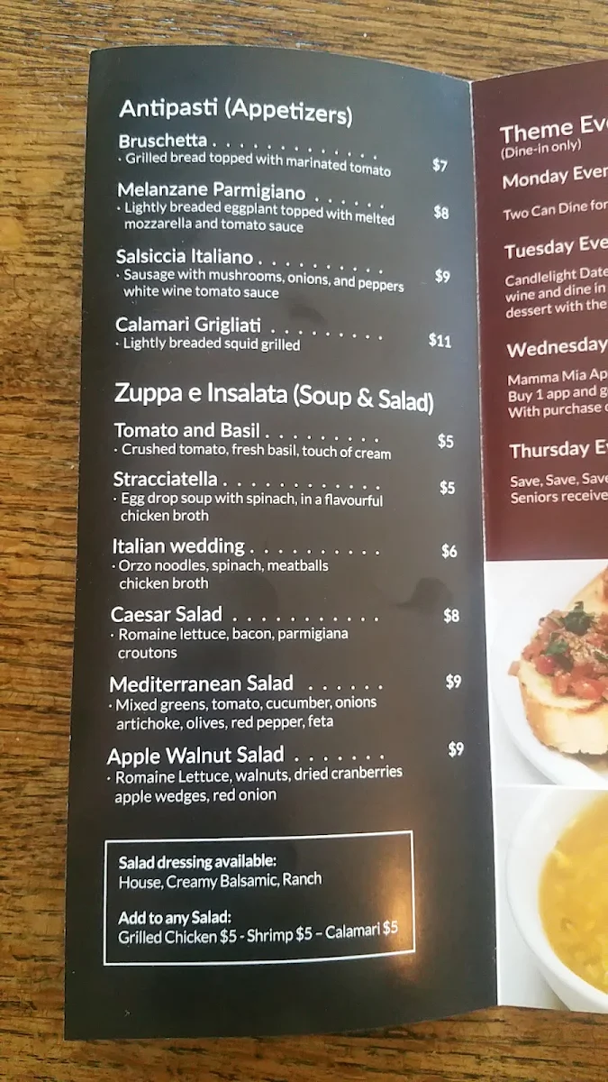 Menu, Casa Mia Ristorante