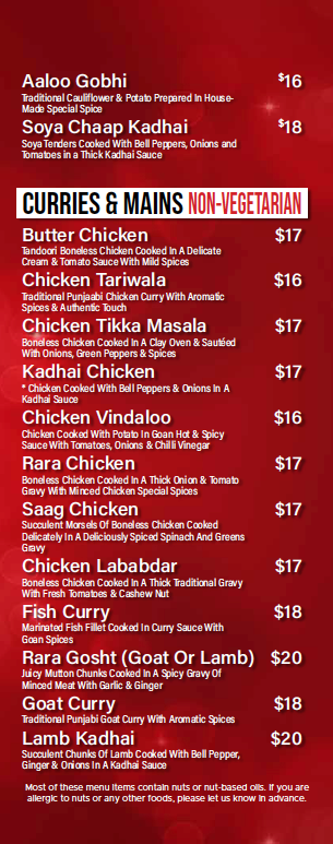 Menu, Royal Paan