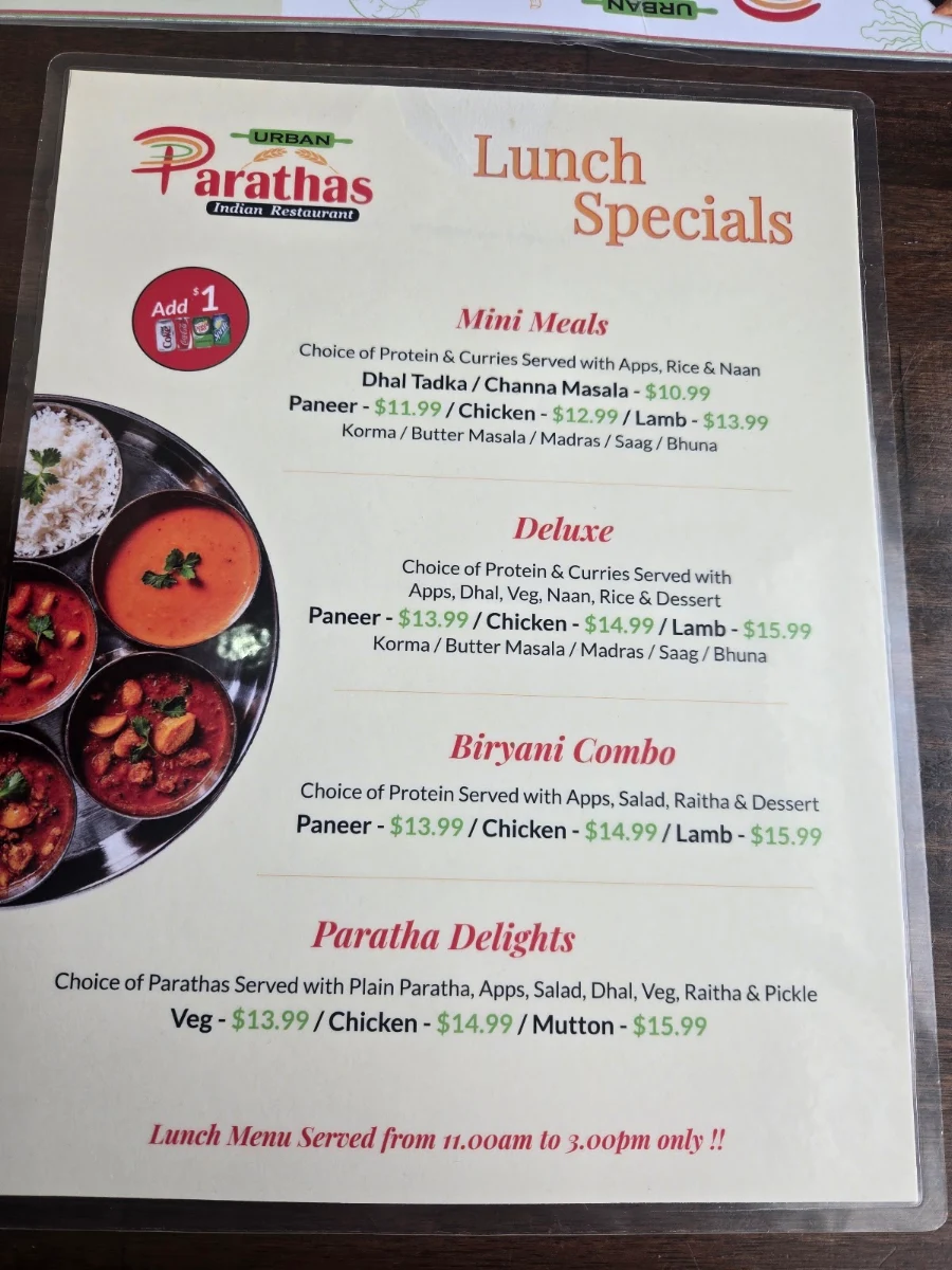 Menu, Urban Parathas Restaurant