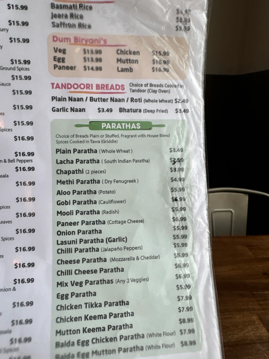 Menu, Urban Parathas Restaurant