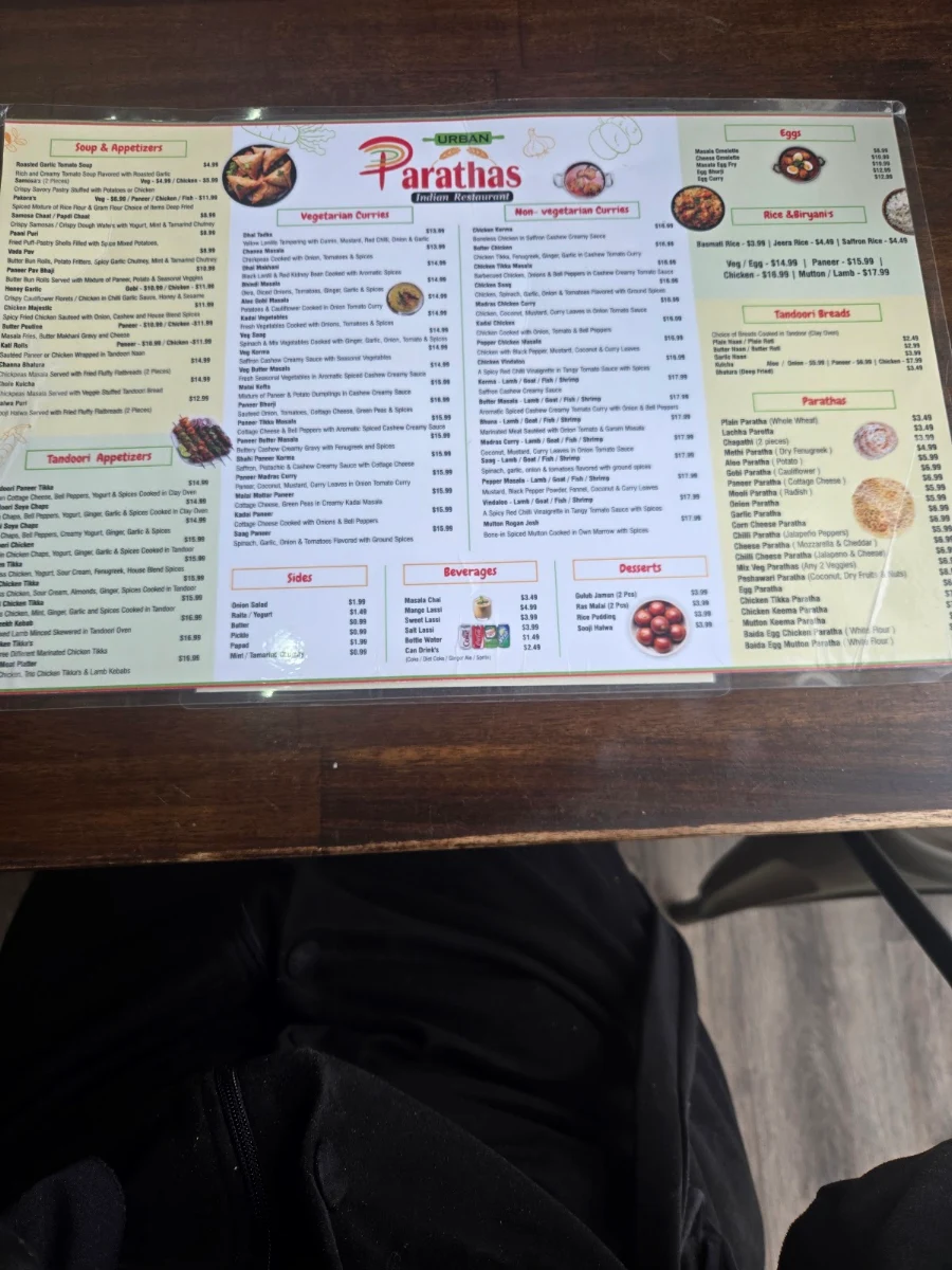 Menu, Urban Parathas Restaurant