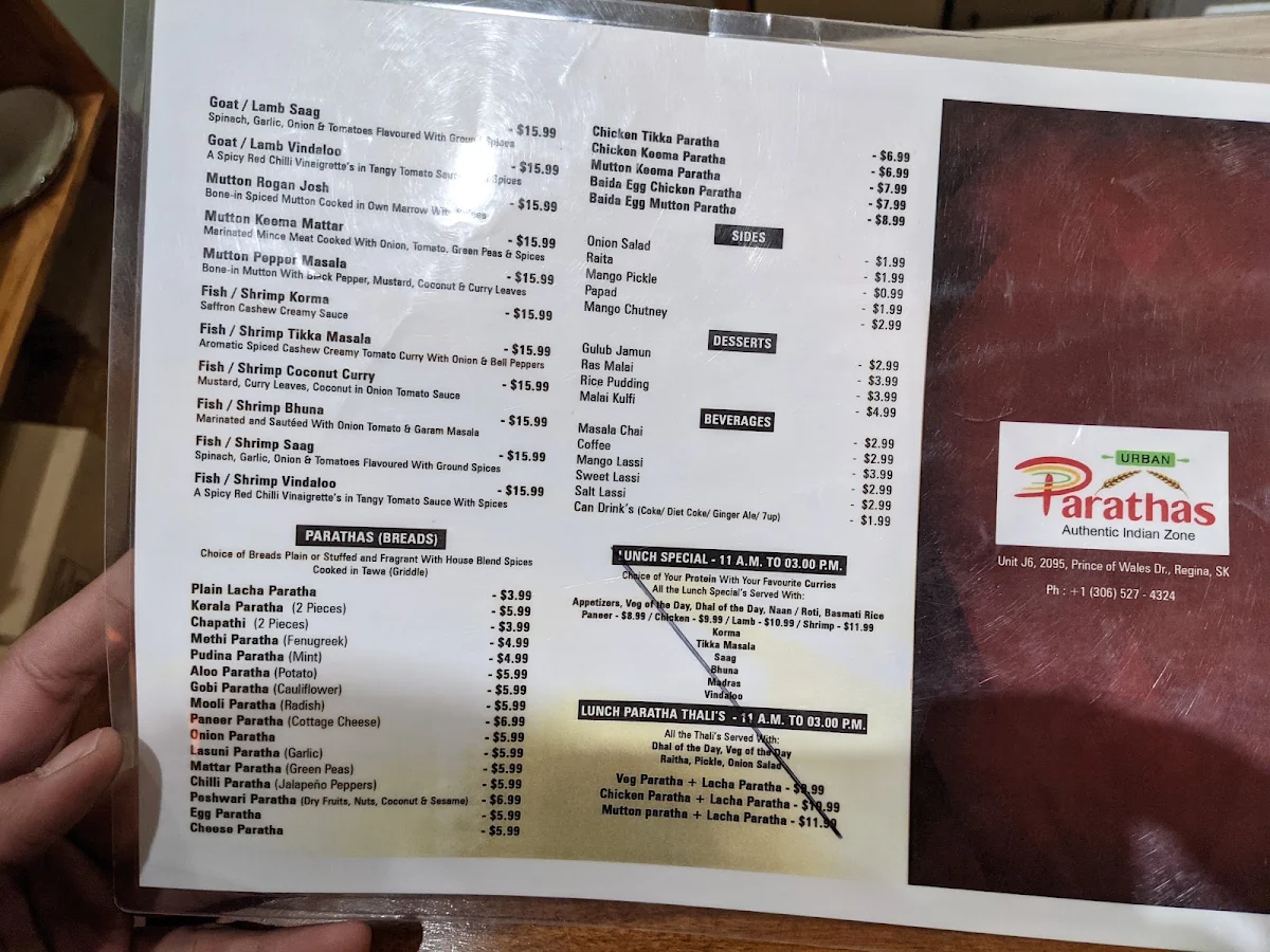 Menu, Urban Parathas Restaurant