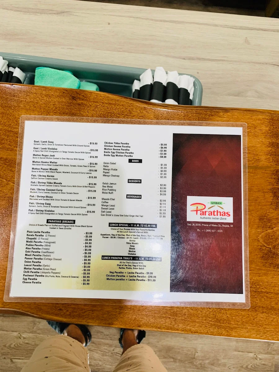 Menu, Urban Parathas Restaurant