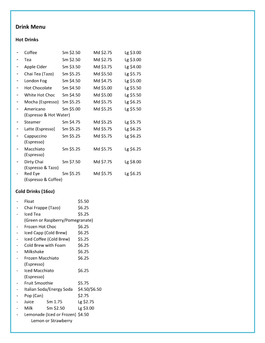 Menu, Kool Beans Cafe