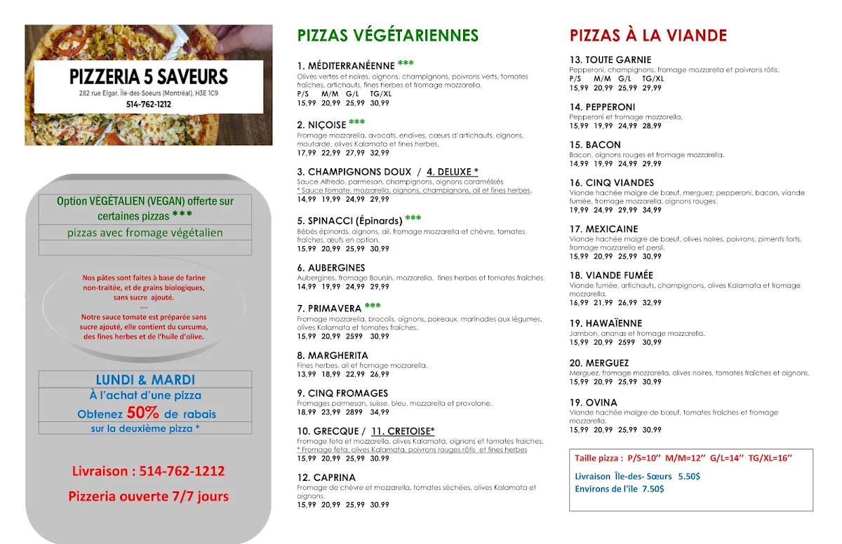 Menu, Pizzeria 5 Saveurs