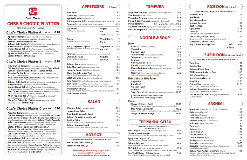 Menu, Sushi Modo - Port Moody