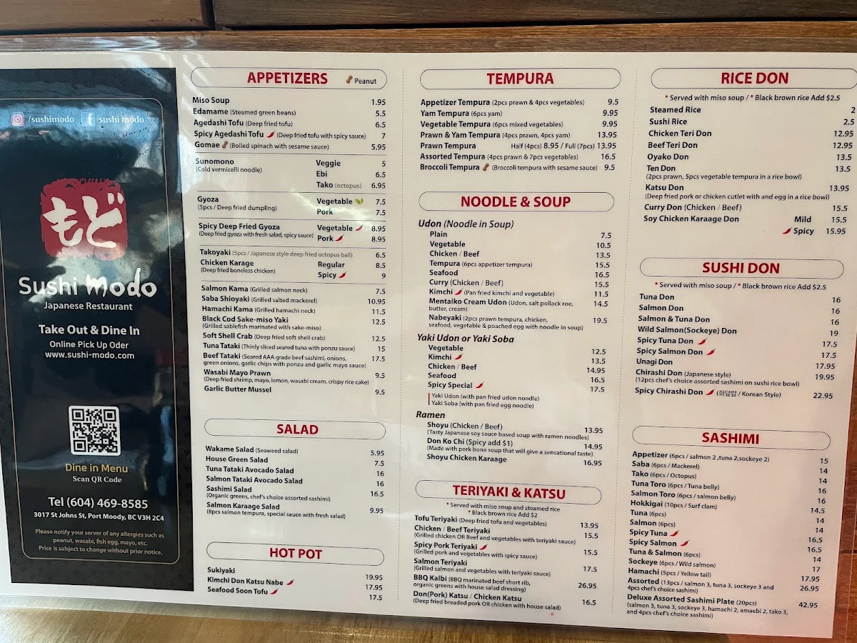 Menu, Sushi Modo - Port Moody