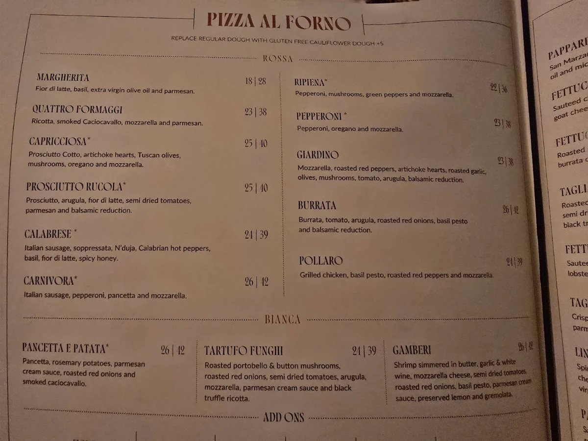 Menu, Enoteca Monza Pizzeria Moderna