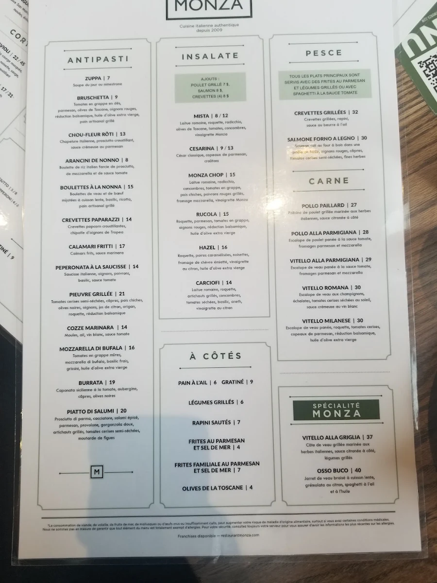 Menu, Enoteca Monza Pizzeria Moderna