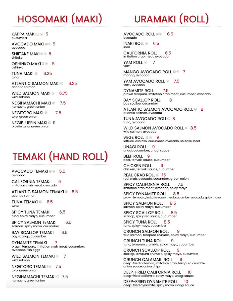 Menu, Gake Sushi & Lounge