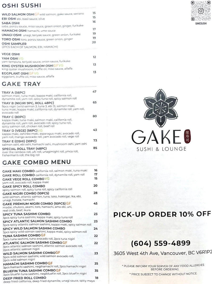 Menu, Gake Sushi & Lounge