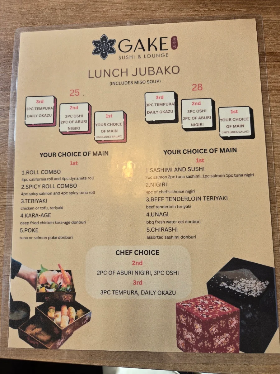 Menu, Gake Sushi & Lounge