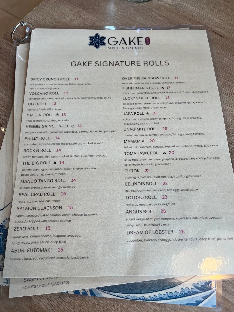 Menu, Gake Sushi & Lounge