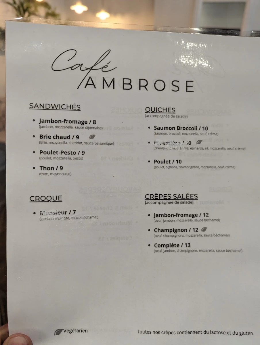 Menu, Ambrose Café