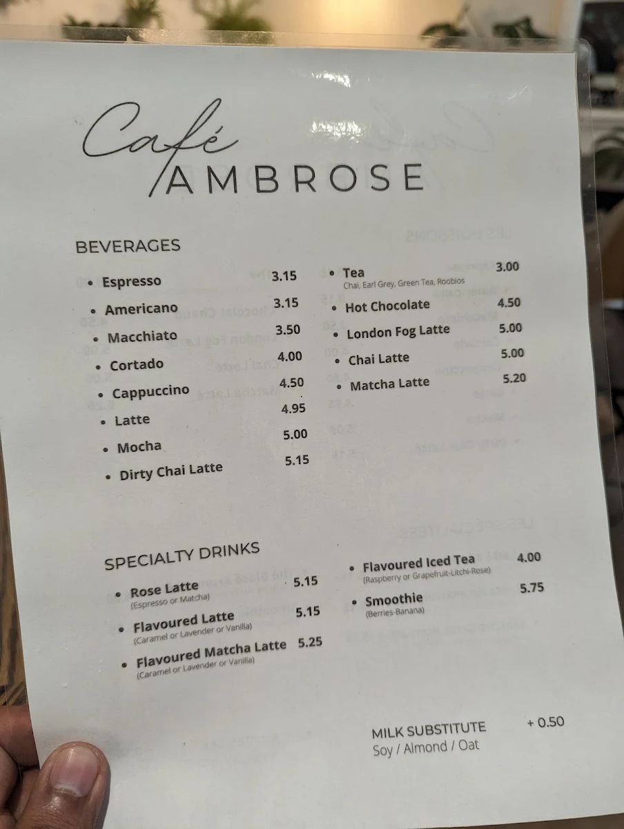 Menu, Ambrose Café