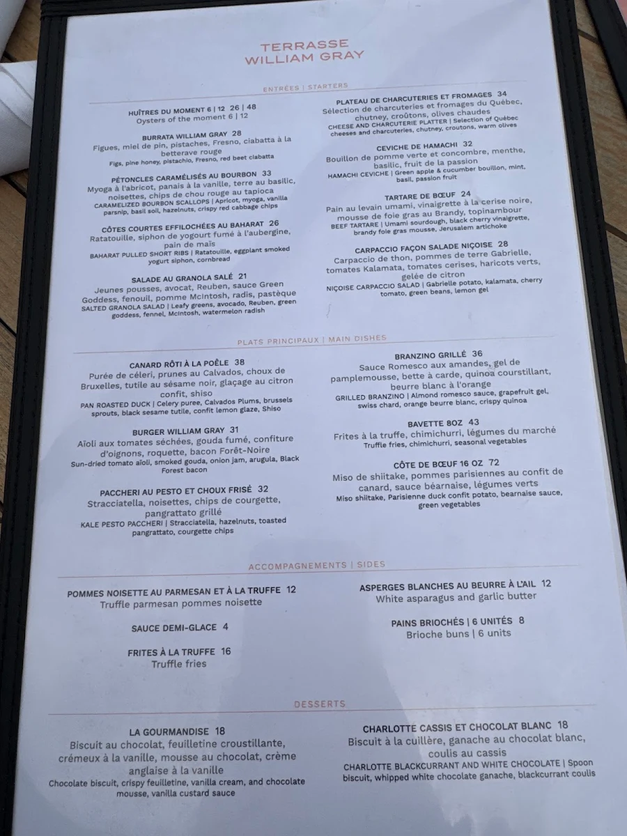 Menu, Terrasse William Gray