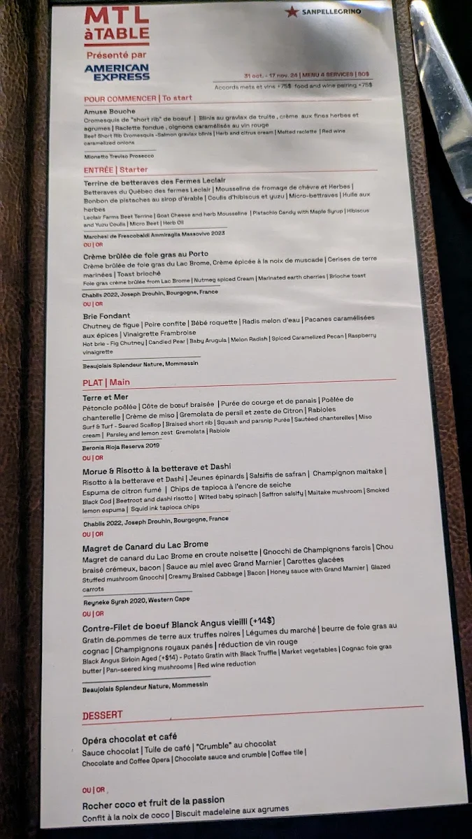 Menu, Terrasse William Gray