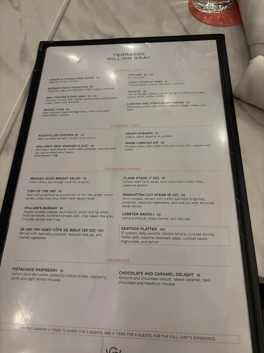 Menu, Terrasse William Gray