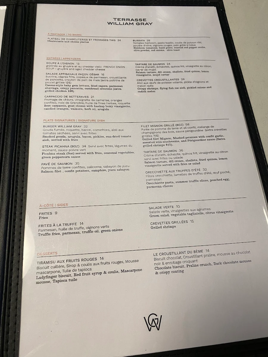 Menu, Terrasse William Gray
