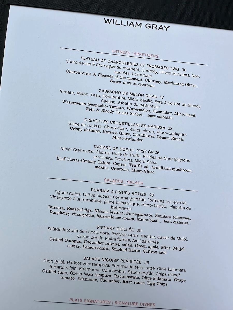 Menu, Terrasse William Gray