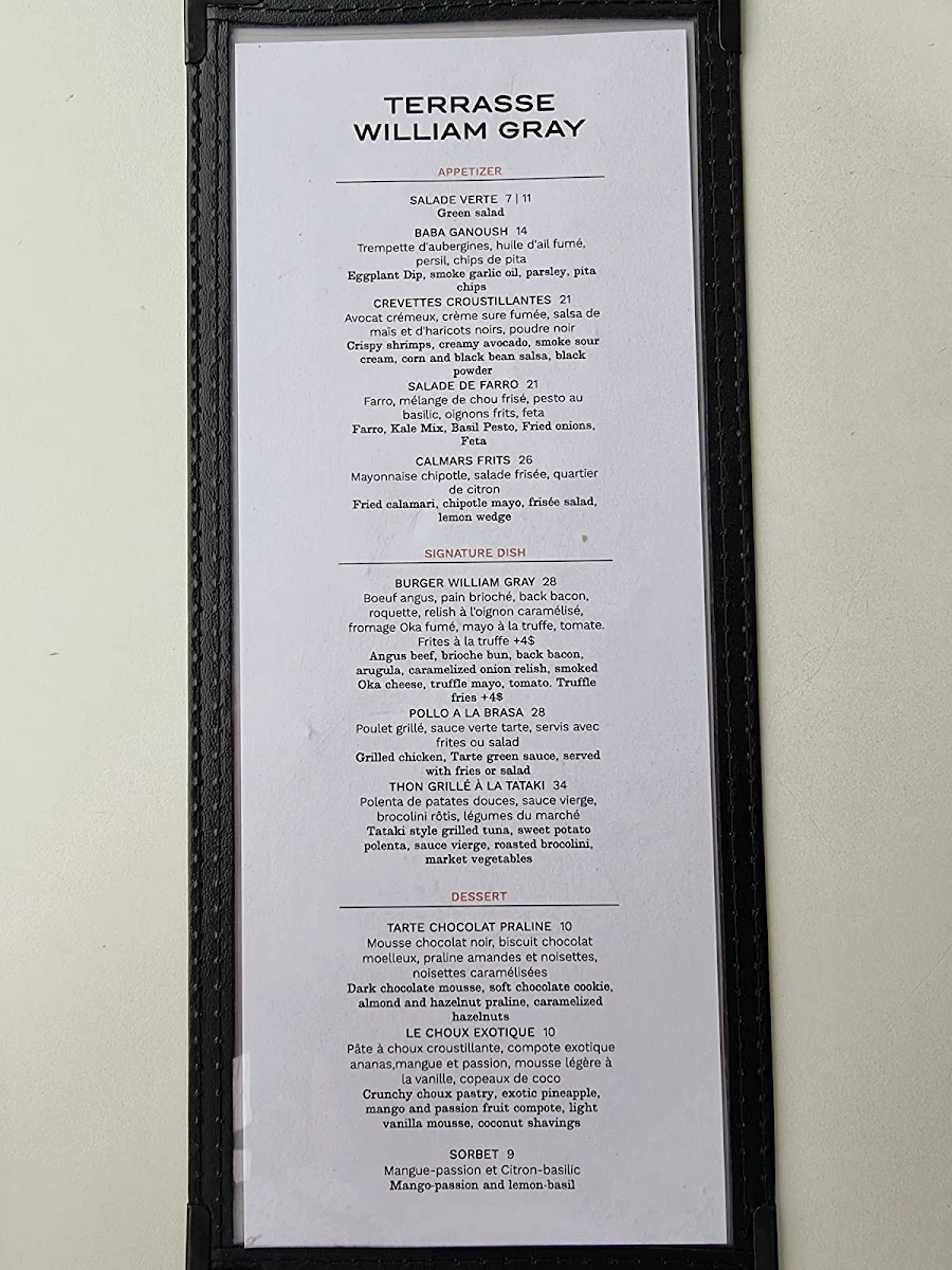 Menu, Terrasse William Gray