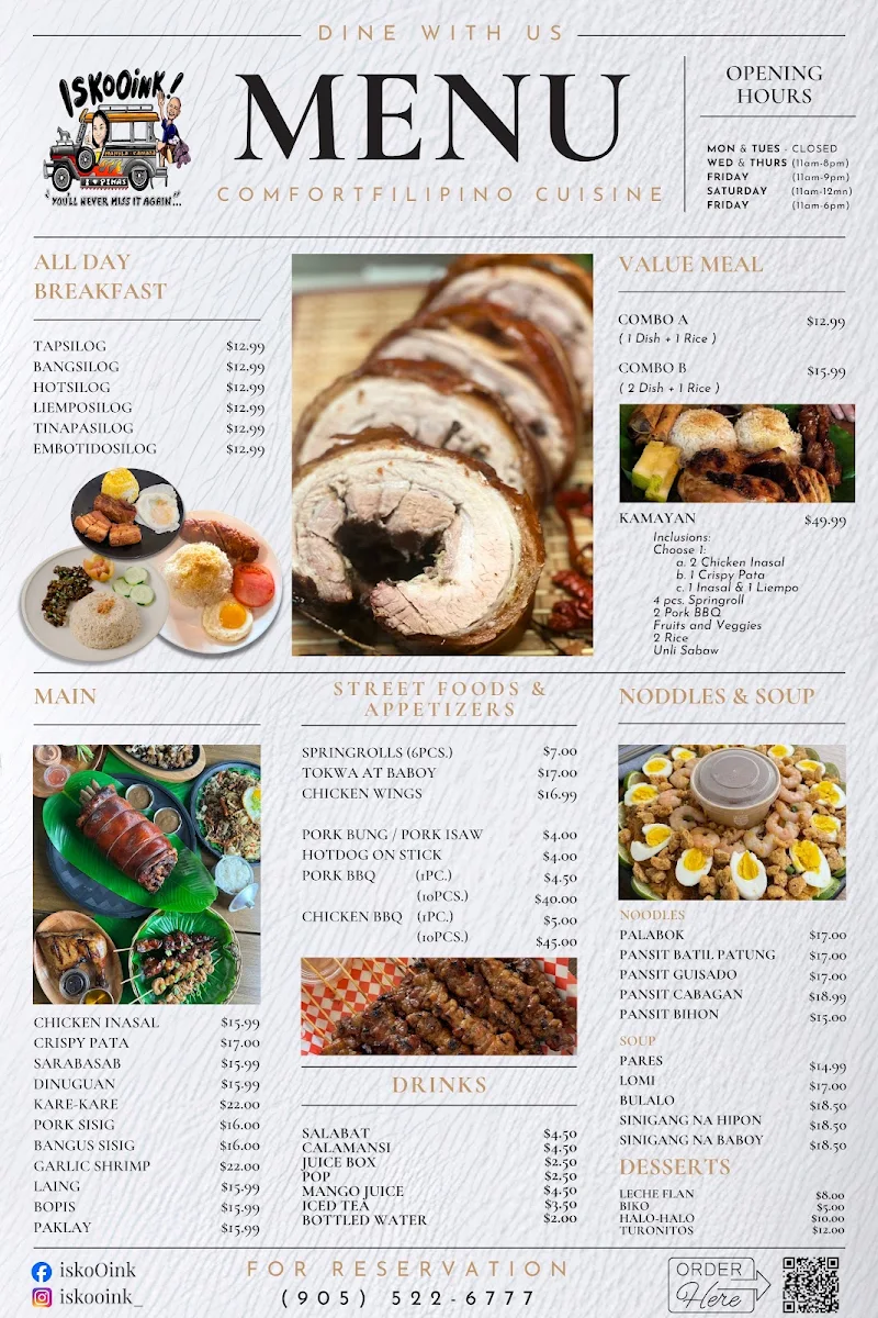 Menu, Iskooink Filipino Cuisine