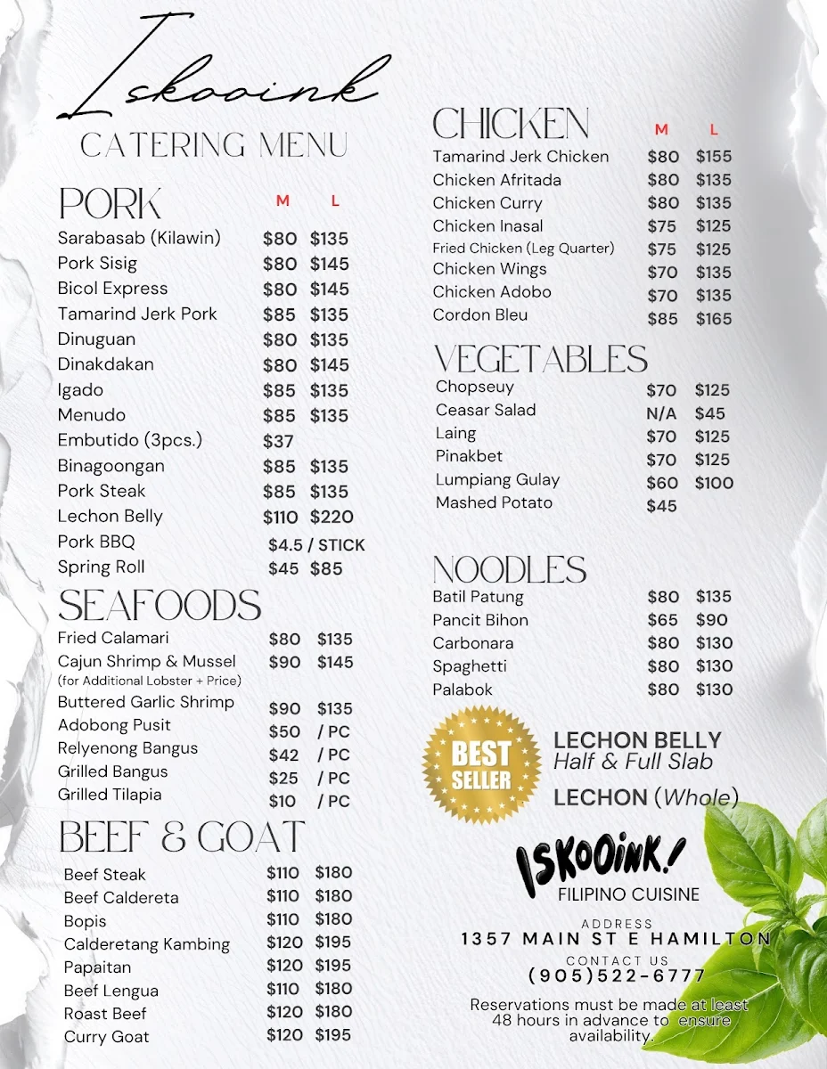 Menu, Iskooink Filipino Cuisine