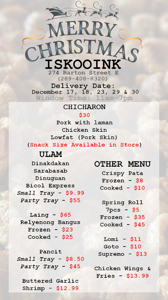 Menu, Iskooink Filipino Cuisine