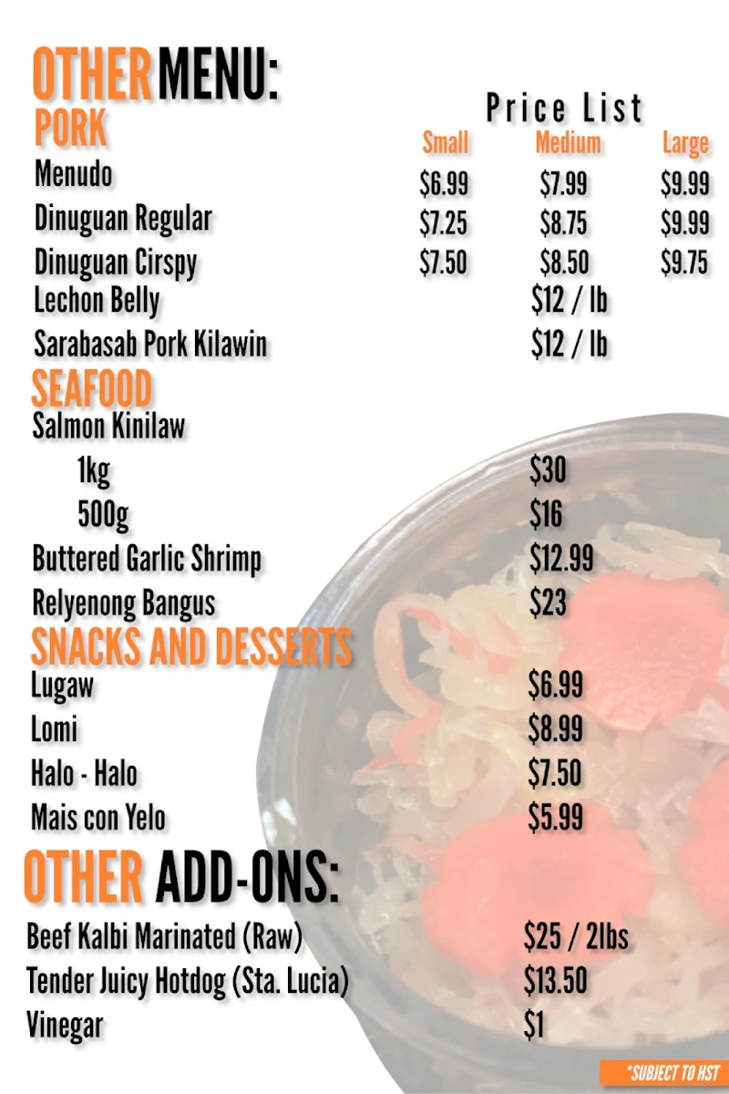 Menu, Iskooink Filipino Cuisine