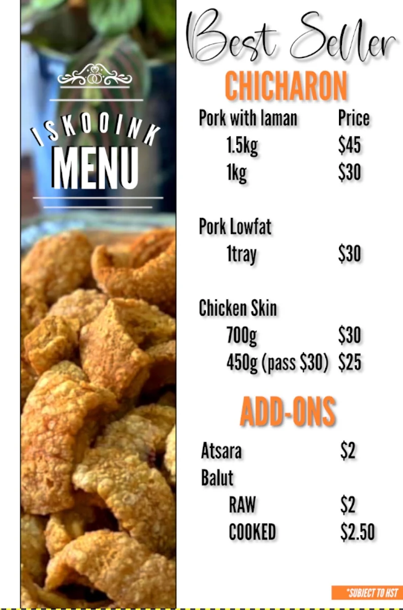 Menu, Iskooink Filipino Cuisine