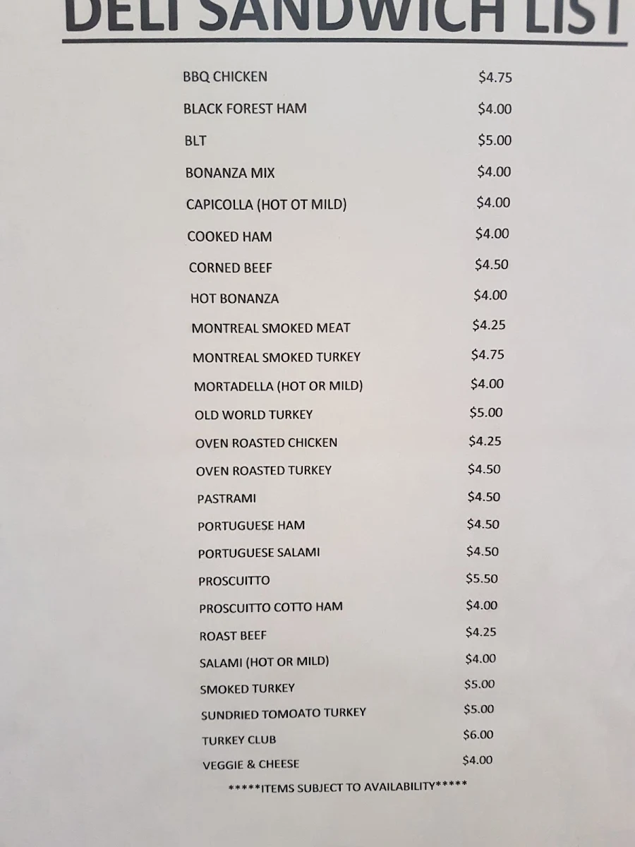Menu, Bonanza Bakery