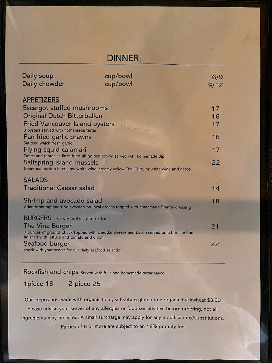 Menu, The Vine