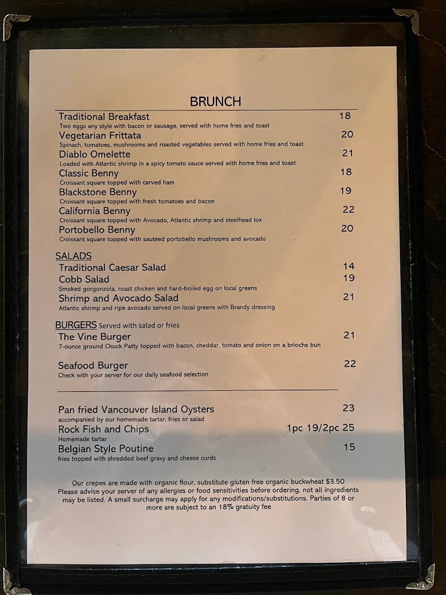 Menu, The Vine