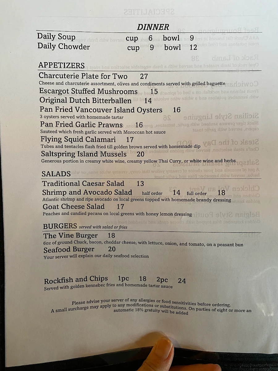 Menu, The Vine