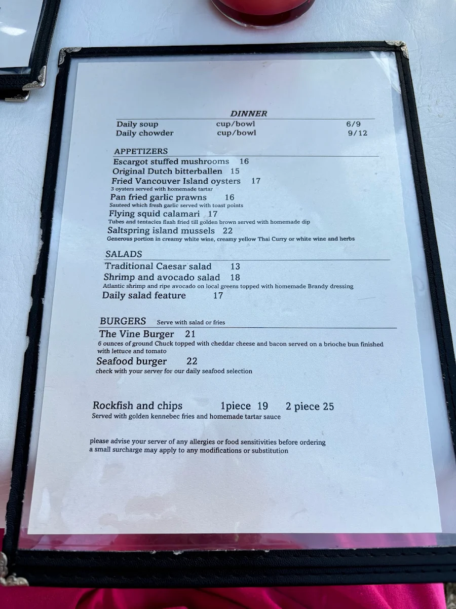 Menu, The Vine