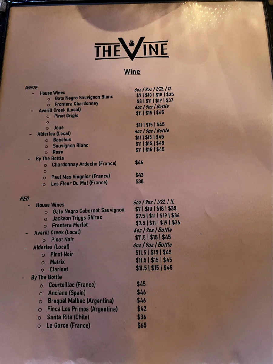Menu, The Vine