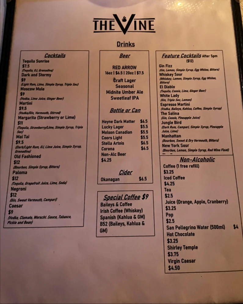 Menu, The Vine