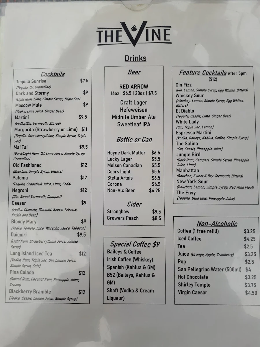 Menu, The Vine