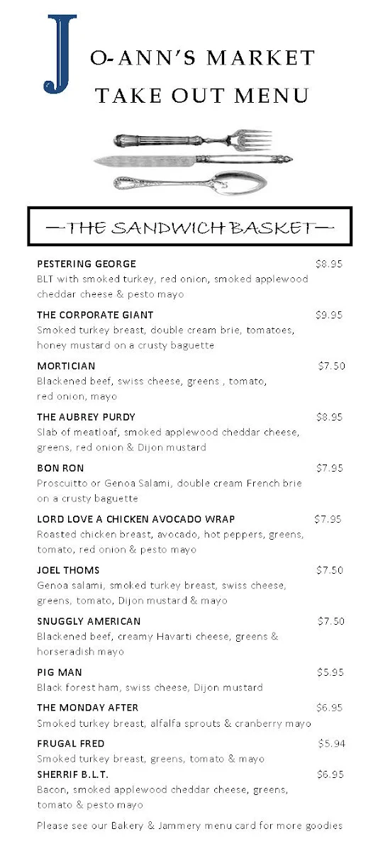 Menu, Jo-Ann's Deli Market and Bake Shop