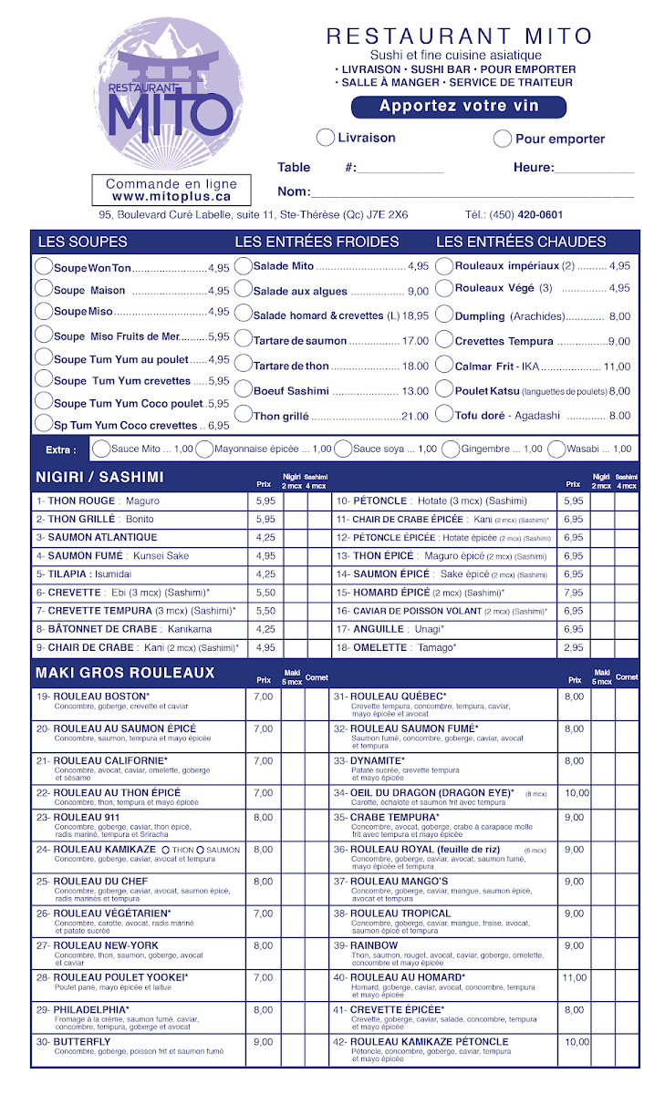 Menu, Mito Plus