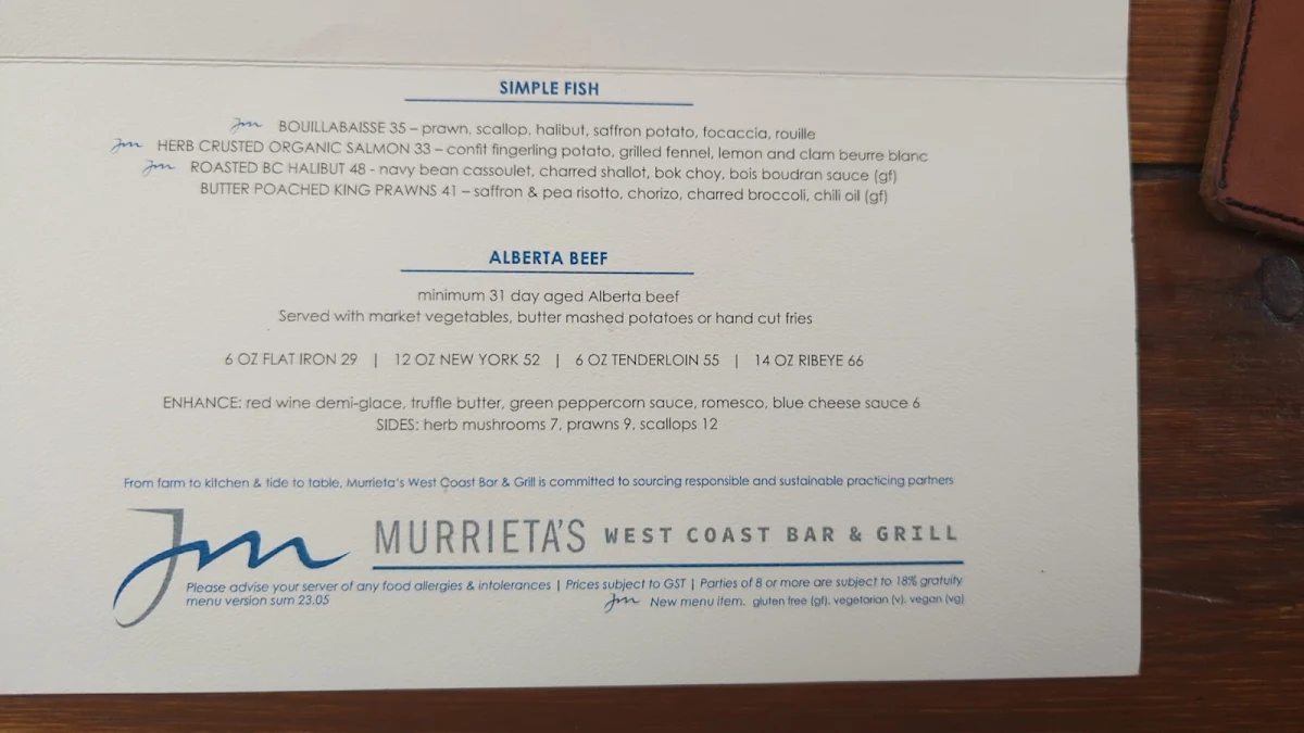 Menu, Murrieta's West Coast Bar & Grill