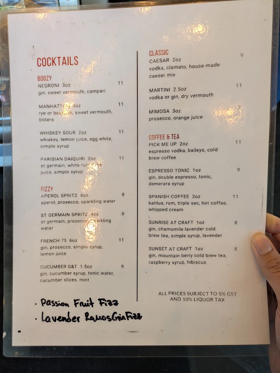 Menu, Craft Cafe