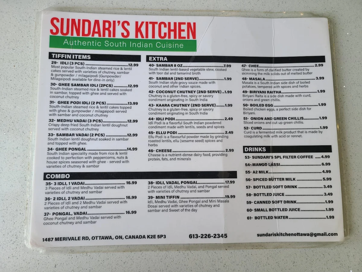 Menu, Sundari's Kitchen