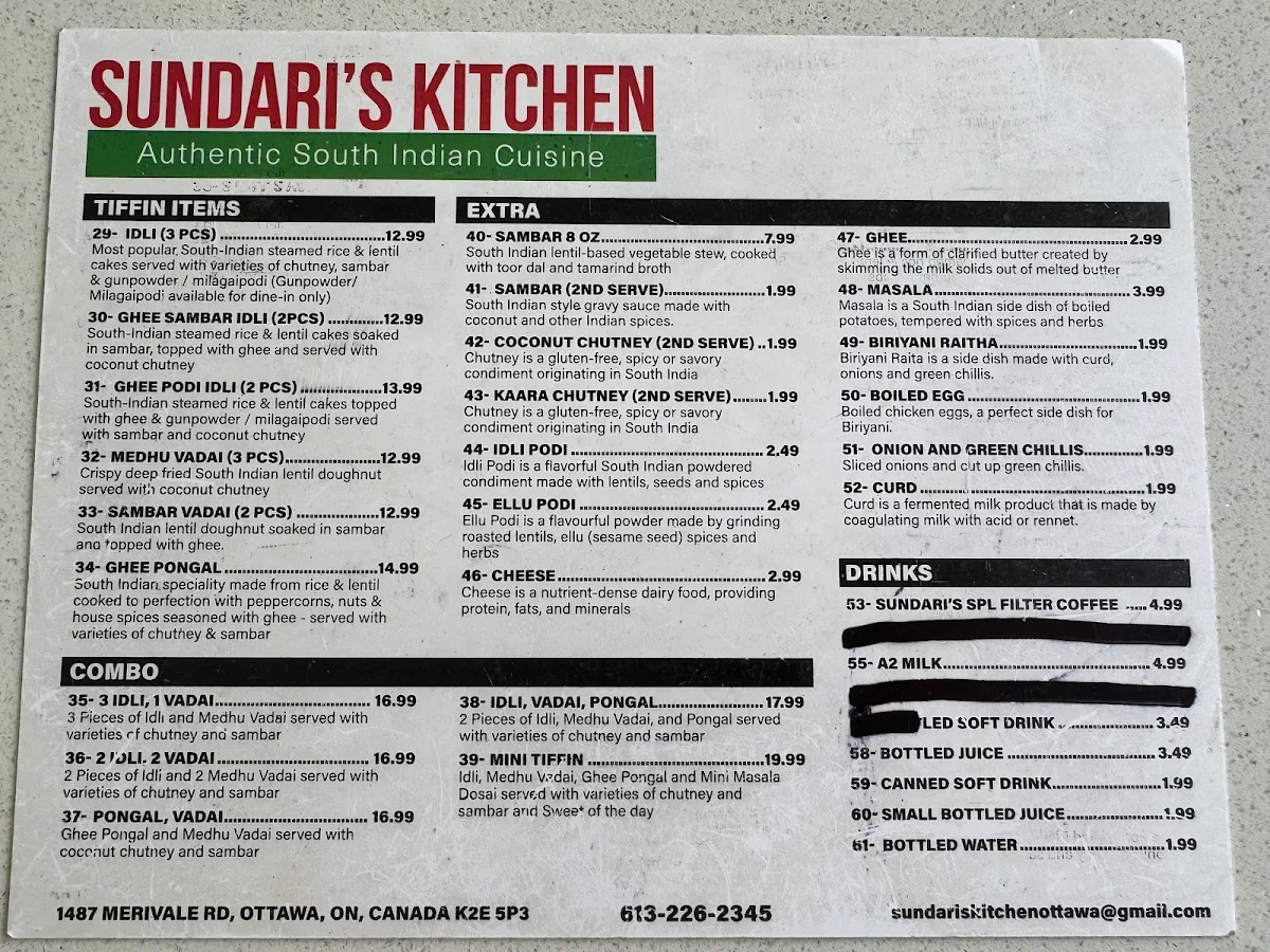 Menu, Sundari's Kitchen
