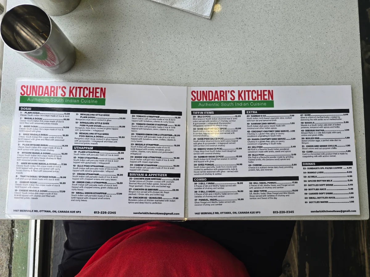 Menu, Sundari's Kitchen