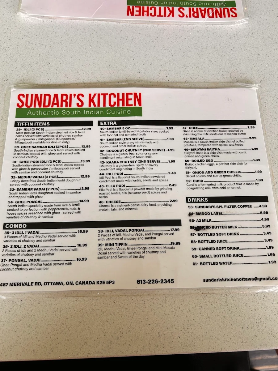 Menu, Sundari's Kitchen