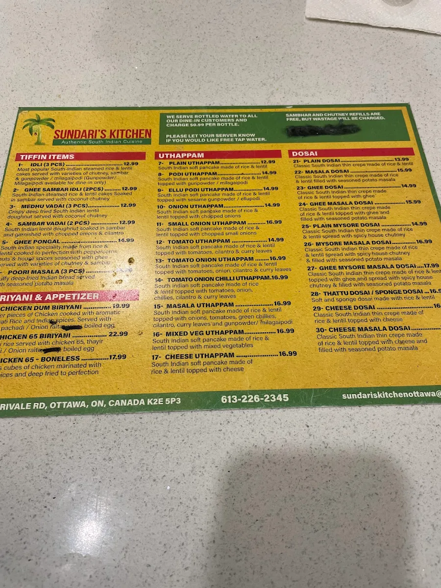 Menu, Sundari's Kitchen