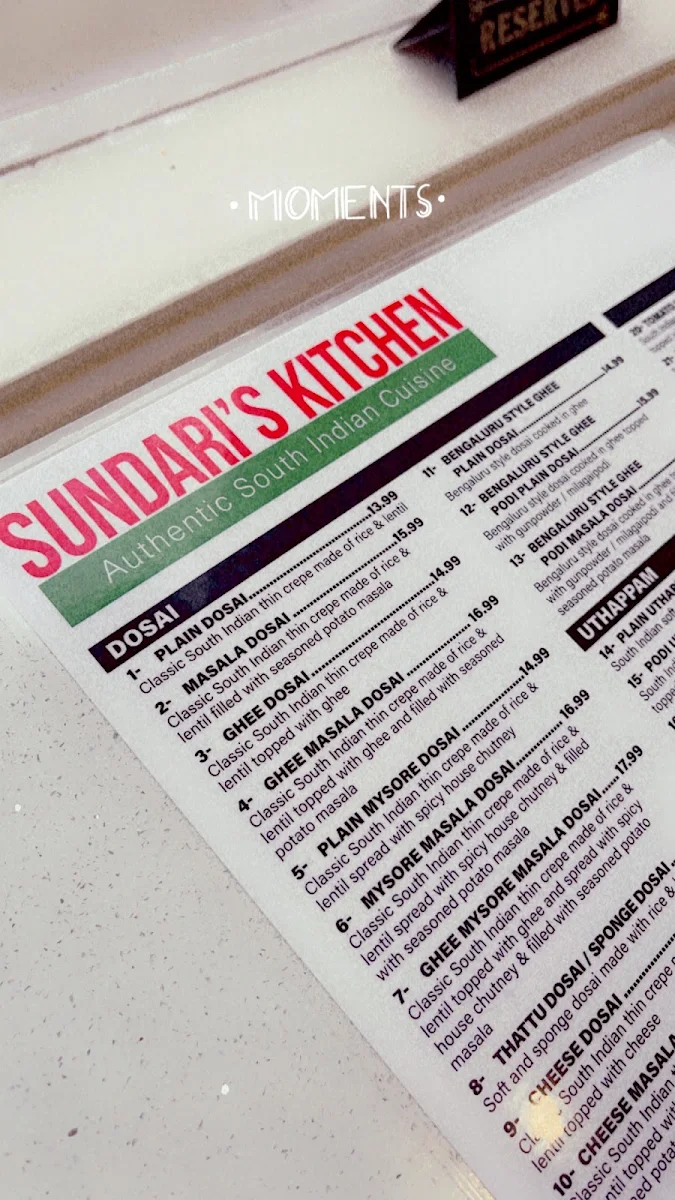 Menu, Sundari's Kitchen
