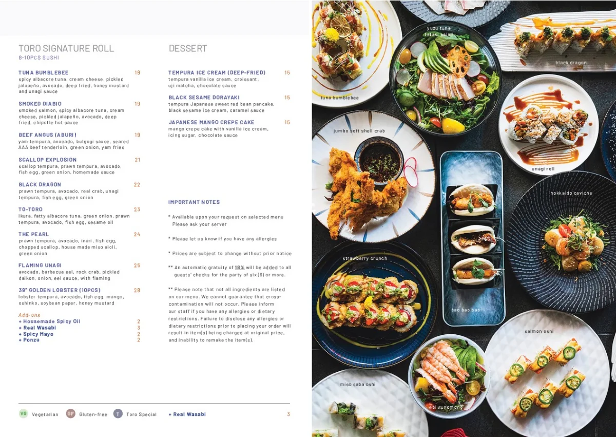 Menu, TORO Japanese Sushi