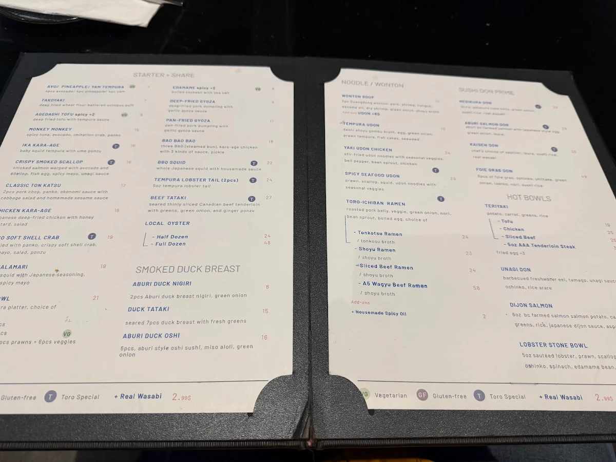 Menu, TORO Japanese Sushi